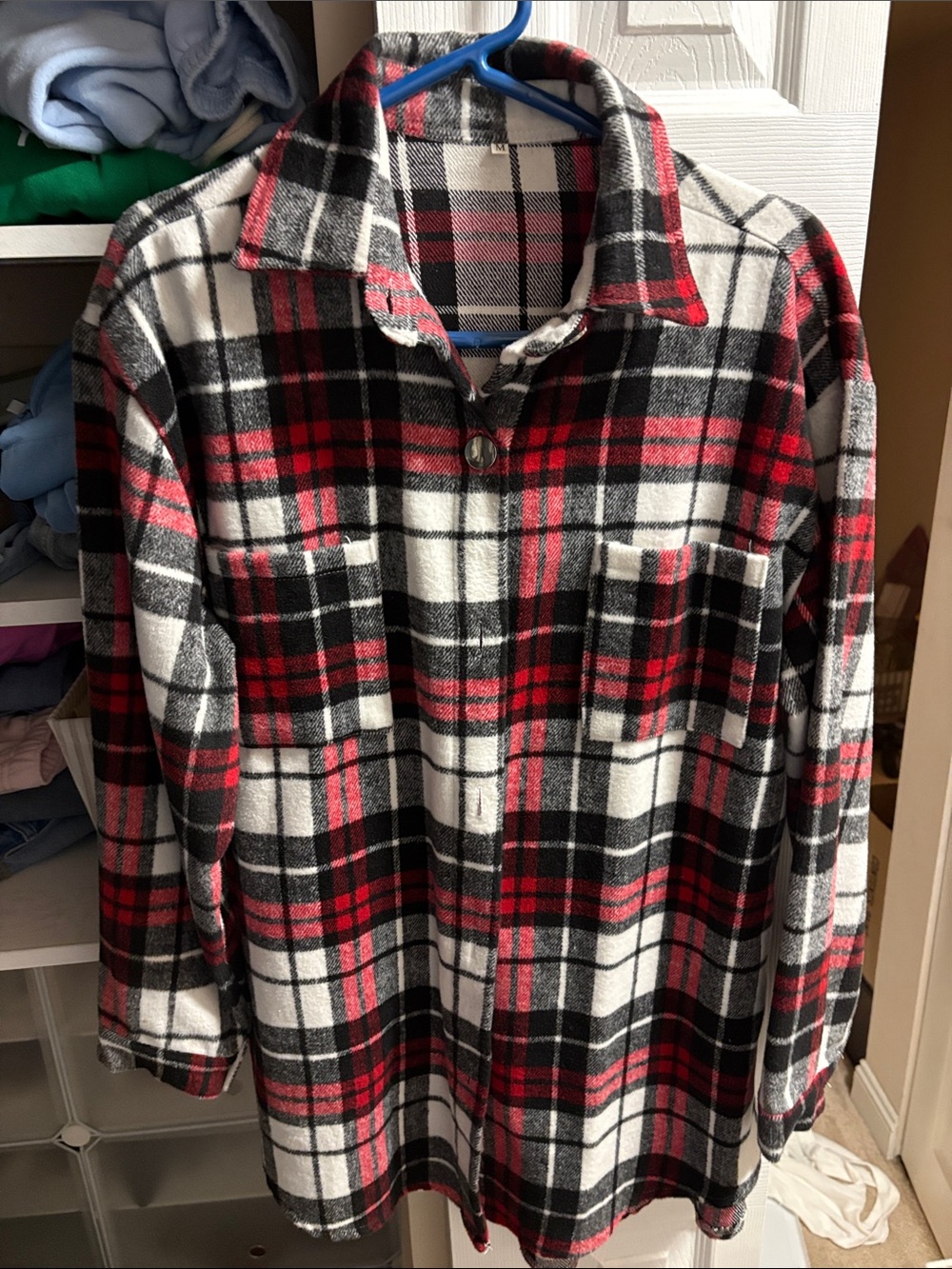 Red Black and White Plaid Button-Up Shacket